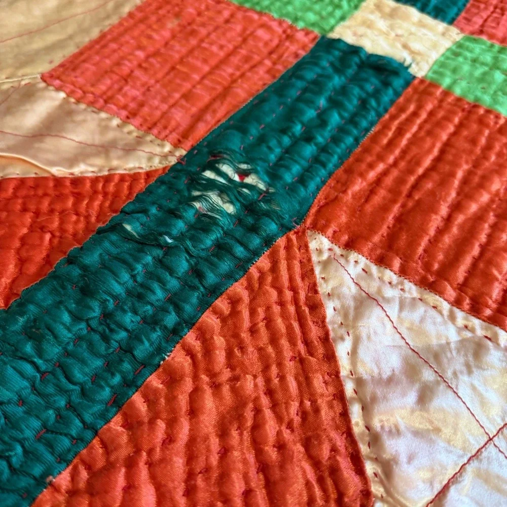 VTG Handmade Satin Patchwork Quilt Red Geometric Star 83x68 for REPAIR/REPURPOSE